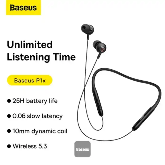 BASEUS Bowie P1x Neckband Headphones Bluetooth 5.3 Wireless Earbuds for Gym Workout, Clear Calls, 25Hrs Playtime